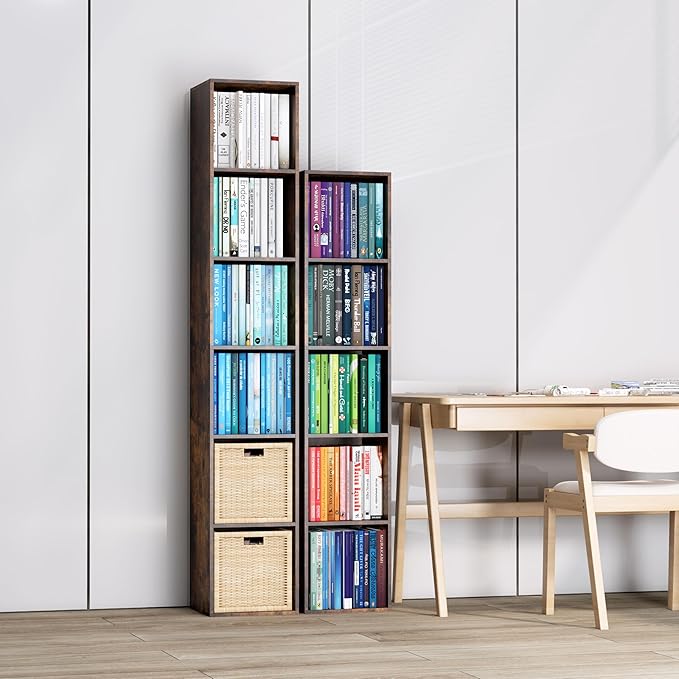 Cube Storage Organizer, 6 Cube Retro Bookshelf, Freestanding 6 Tier Open Shelf, Rustic Brown Retro Shelves for Home Office, B