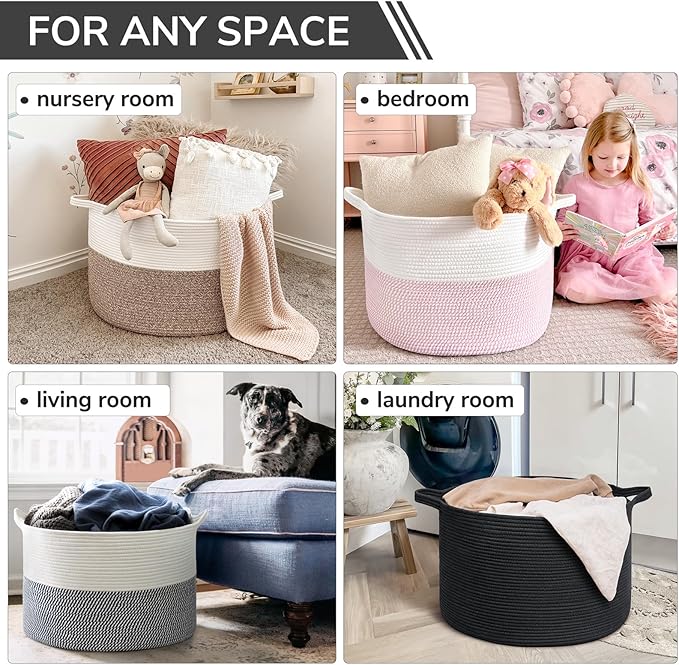 INDRESSME XXXLarge Blanket Basket 21.7" x 21.7" x 13.8" Woven Storage Baskets Soft Cotton Rope Toy Baskets Storage Kids Decor