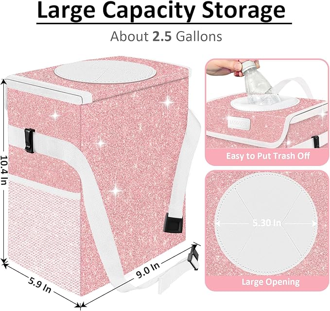 Cute Mini Car Trash Bag with Lid, Glitter Garbage Can Bin Hanging for Back/Front Seat/Console, Waterproof, Leakproof, 2.5 Gallon, Pink Bling Sparkly
