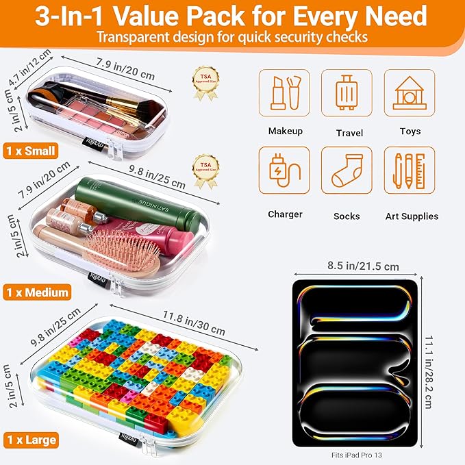 YQBRAO Hard Sided Clear Zipper Case for Storage- Professional-Grade Plastic Clear Zipper Pencil Case,Toy Storage Bins, Toilet