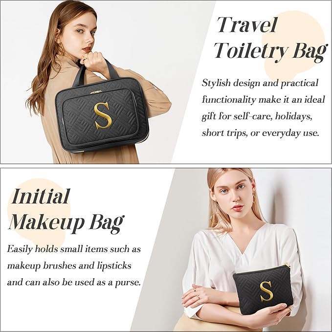 Gifts for Women, Initial Toiletry Makeup Bag Hanging Cosmetic Organizer with Embroidery Letter Personalized Nurse Teacher App