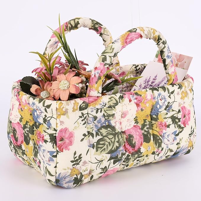 Small Storage Basket Organizer, Mini Fabric Floral Storage Baskets with Handle, Quilted Portable Collapsible Storage (C)