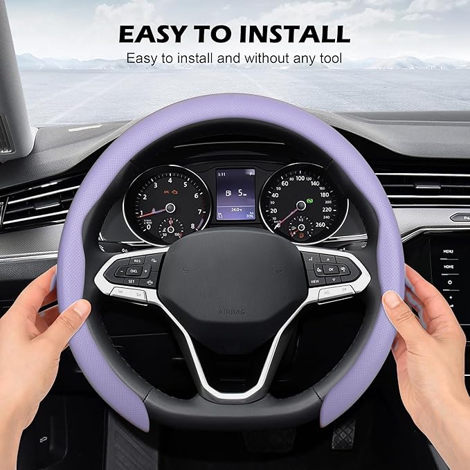 Frani Nappa Leather Steering Wheel Cover,Universal Fit 15 Inch-Premium Non-Slip Breathable Comfort Grip for Cars Trucks SUVs,Anti-Slip Durable Interior Upgrade Light Purple