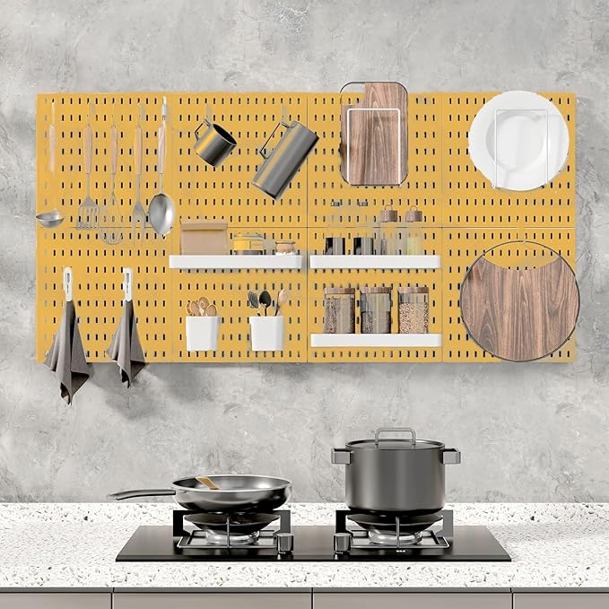 MULSAME Pegboard Combination Kit, Wall Mounted Storage Set with 4 Pegboards & 14 Accessories Hanging, Yellow Peg Boards Organ