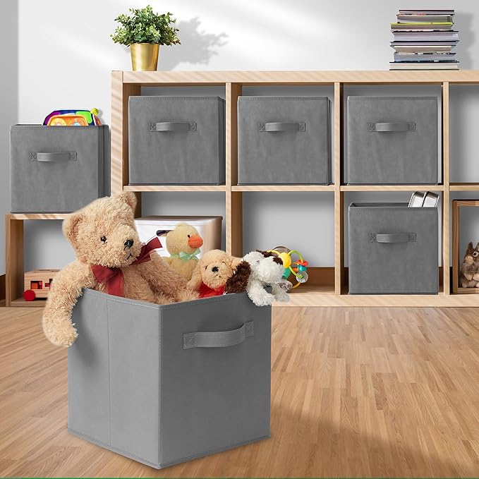 Casafield Set of 6 Collapsible Fabric Cube Storage Bins, Gray - 11" Foldable Cloth Baskets for Shelves, Cubby Organizers & Mo