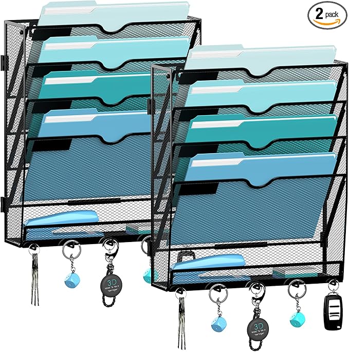 2 Pack 5 Tier Wall File Organizer - Hanging File Organizer with 5 Hooks, Mail Holder Wall Mounted for Papers, Folders, Magazi