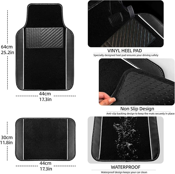 NBTEPEM Microfiber Steering Wheel Cover and Waterproof Car Floor Mats, Universal Fit Most Truck, SUV, Cars, 14.5-15inch Sporty Steering Wheel Covers with Anti-Slip Lining (Black with White line)