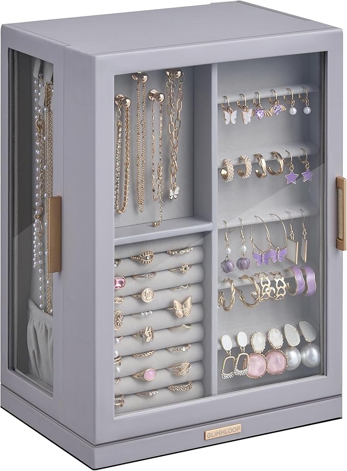 Glimmloop 360° Rotating Jewelry Box with 7 Drawers, Spacious Vertical Jewelry Organizer with Glass Window, Jewelry Storage Ca