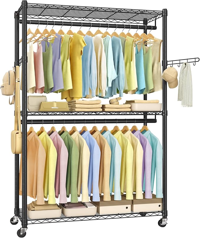SONGMICS Heavy-Duty Rolling Clothes Rack, Garment Rack, Portable Closet, 43.3-Inch Wide Clothing Rack on Wheels, with Adjusta