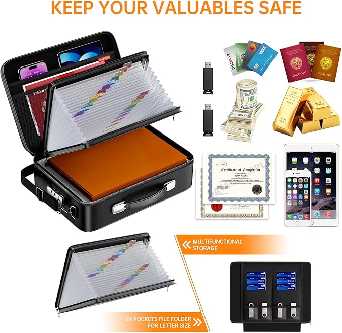 BALAPERI Fireproof Document Box with Fireproof Zipper,File Organizer Hard Case with Lock,Portable Document Safe for Important