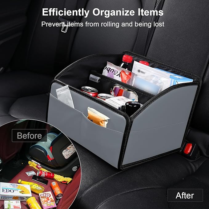 Car Storage Organizer [2025 UPDATED] Leather Car Caddy Basket for Front Seat Floor Back Seats Metal Handle 6 Compartments Adj