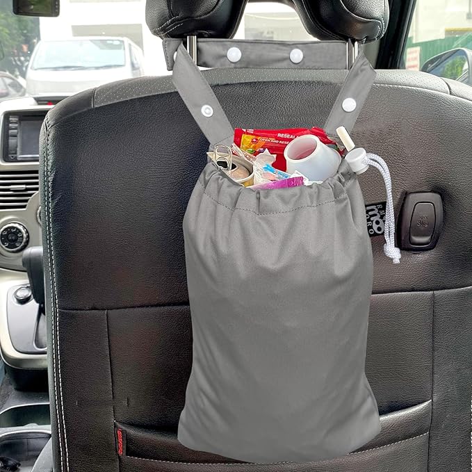 Waterproof Car Trash Bag Reusable Portable Garbage Can with Drawstring Top Adjustable Hanging Strap Leakproof & Washable for Cars SUVs & Trucks (Grey)