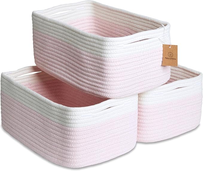 NaturalCozy 13.5”x8.5”x5.5” Rectangle Storage Baskets for Shelves 3 Pack | Cotton Rope Woven Small Baskets for Organizing | S