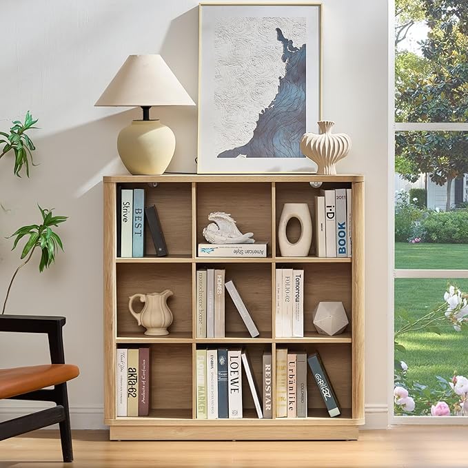 Joaxswe 9 Cube Storage Book Shelf, 41" Tall Organizer Bookshelf with Curved Edge, Modern Floor Standing 3-Tier Cubby Bookcase