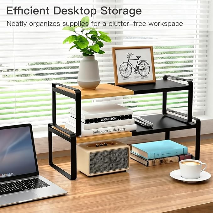 Expandable Kitchen Counter Shelf Organizer, Black Coffee Bar Accessories & Station Decor, Industrial Cabinet Riser with [Secu