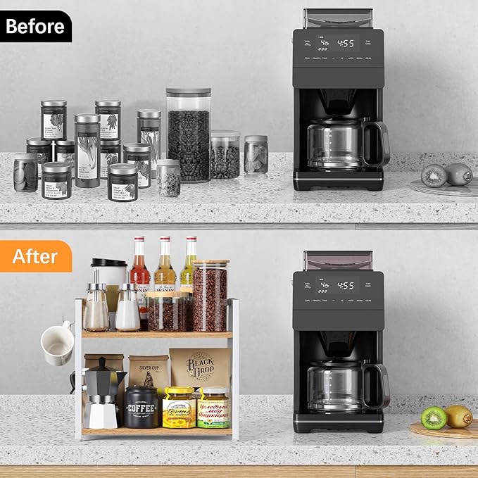 RUILALIFE Kitchen-Countertop-Organizer-Shelf, 2 Tier Coffee Bar Station Organizer for Counter,Wooden Spice Rack Shelf, Space 