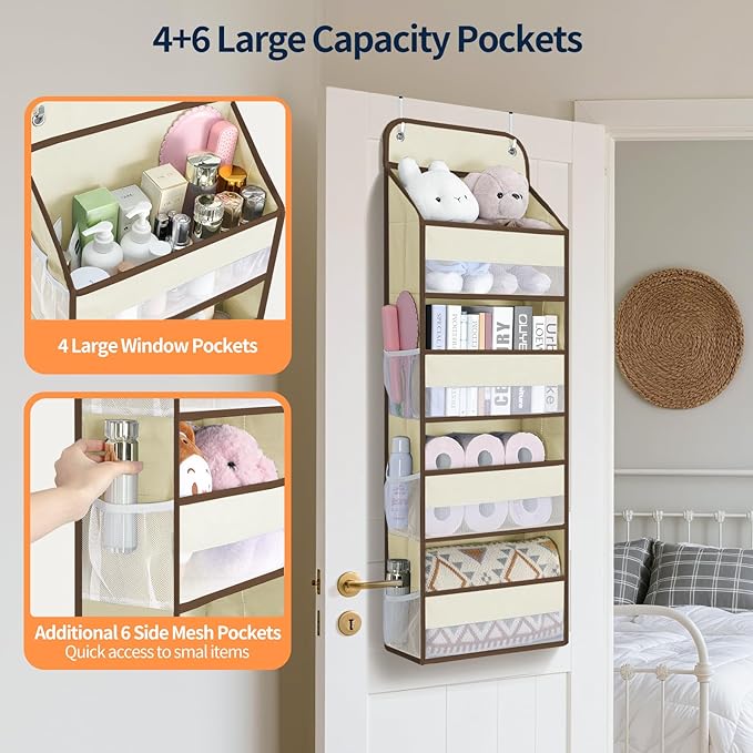 Yecaye Over The Door Organizer, Heavy Duty Hanging Organizers and Storage with 4 Large Capacity Pockets, Swing-Proof Behind T