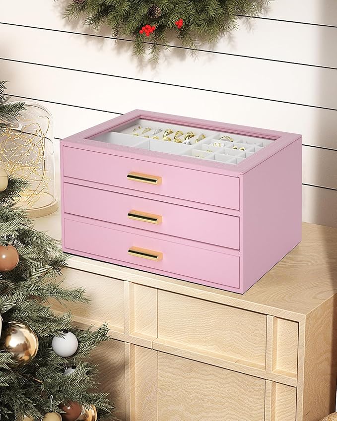AKOZLIN Jewelry Box with Clear Lid Functional Leather Jewelry Storage Organizer Case 3 Drawers for Women Girls Necklace Ring 