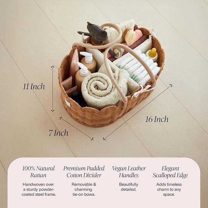 BEBE BASK Premium Baby Diaper Caddy Organizer - Handmade & Award-Winning Scalloped Rattan Basket - Luxury Diaper Caddy Basket