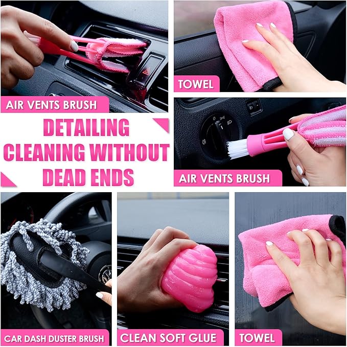 Viewsun 17pcs Car Cleaning Kit, Pink Car Interior Detailing Kit with High Power Handheld Vacuum, Detailing Brush Set, Windshi