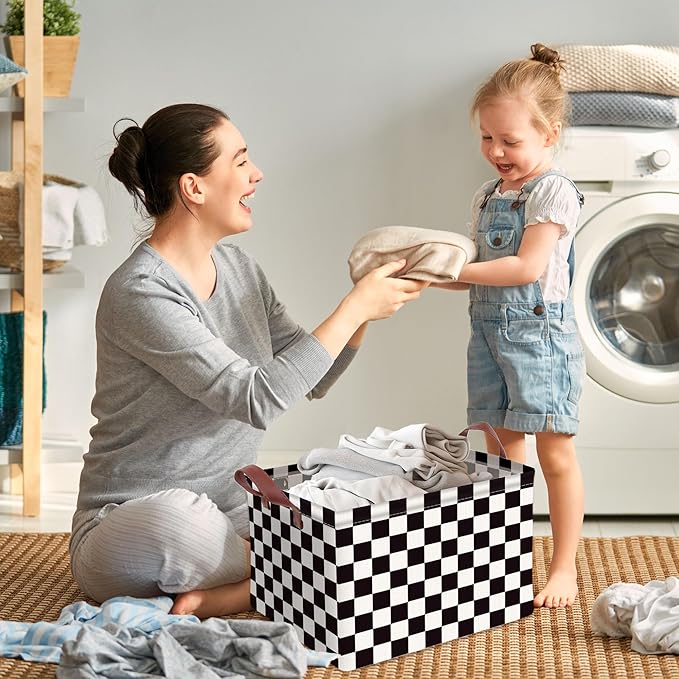 Checkered Storage Basket Waterproof Canvas Toy Storage Bin Race Car Room Decor Collapsible Outdoor Basket with Leather Handle