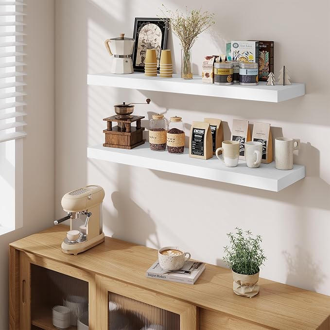 Fun Memories Floating Shelves Set of 2, 40 Inch Long Wooden Wall Shelves, 10 Inch Deep Wall Mounted Storage Shelf with Metal 