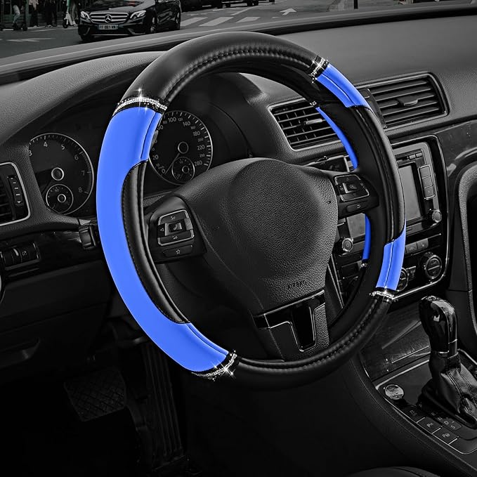 Road Comforts Leather Steering Wheel Cover - Made with PVC Leather - Anti-Slip, Universal Fit 14 1/2 inches to 15 inches - Bl