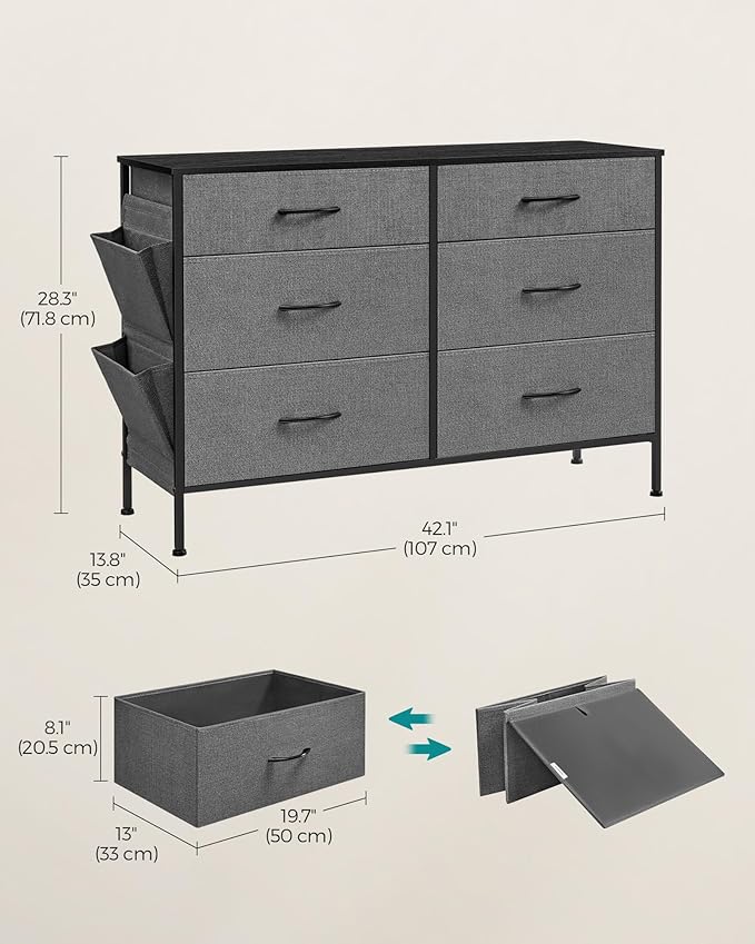 SONGMICS 6-Drawer Dresser for Bedroom, Chest of Drawers with Side Pockets, Drawer Dividers, Fabric Storage Organizer for Clos