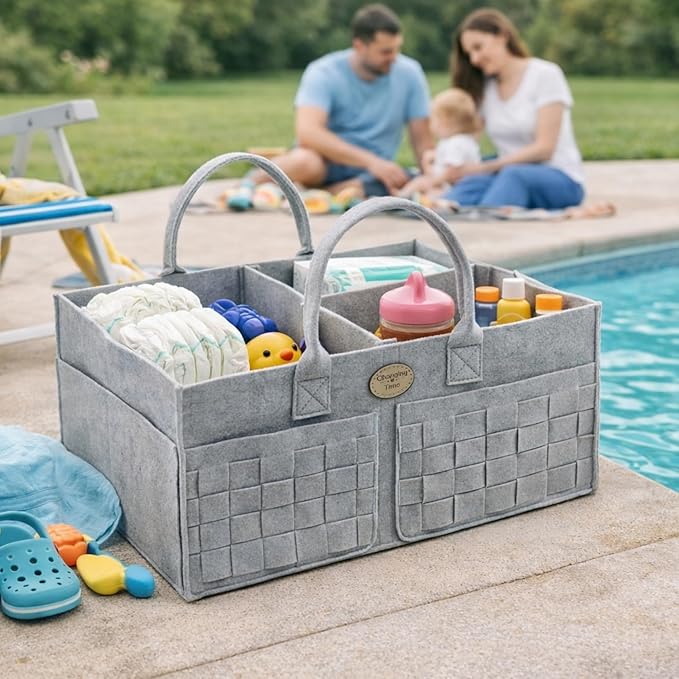Baby Diaper Caddy Organizer for Nursery – Large Felt Storage Basket for Baby Essentials, Wipes & Diapers – Portable Nursery O