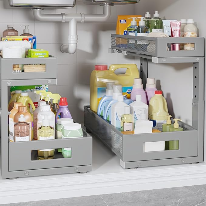2 Pack 17IN Depth Under Sink Storage Organizer, Large 2-Tier Elegant Mesh Pull Out Shelf for Kitchen and Bathroom Cabinet Org