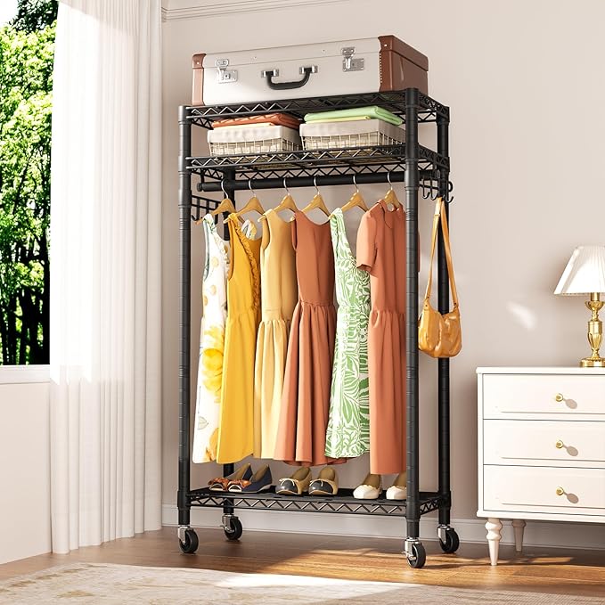 Heavy Duty Clothes Rack Rolling Garment Rack,3 Tier Adjustable Wire Shelving Clothing Racks for Hanging Clothes with Hanger R