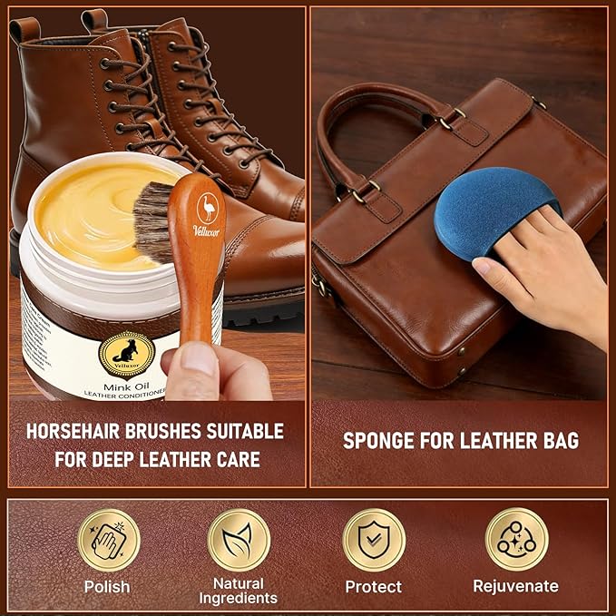 4-in-1 Natural Mink Oil Leather Cleaner and Conditioner 8.2oz, Premium Waterproof Soften Restore Formula – Leather Cleaner & 