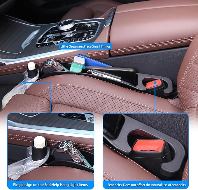 Supin Car Seat Gap Filler Set of 2, Multifunctional Seat Side Gap Filler with Organizer & Hook Function& 2 Storage for Stabilizing Phone,Keys Wallet, Fill The Gap Between Seat & Console (Black)