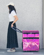 Reusable Grocery Bag with Wheels (Large, Glitter Pink), Shopping Trolley with 8 Pockets and Zipper Cover Foldable Rolling Tote for Women, Kitchen, Travel, Carries Up to 76LBS