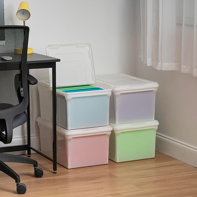 IRIS USA File Box, File Organizer w/Hinged Split Lid for Letter File, Important Document Box, Plastic Storage Filing Bin for 