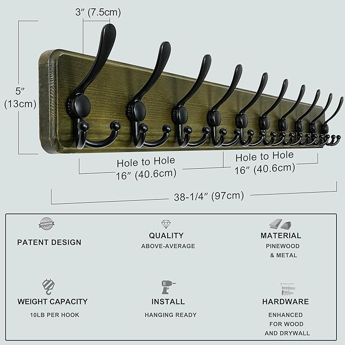 Dseap Coat Rack Wall - Heavy-Duty 38-1/4" Long, with Reinforced 10 Custom Tri-Hooks, Solid Wood Wall Hanger for Coats Hat Jac