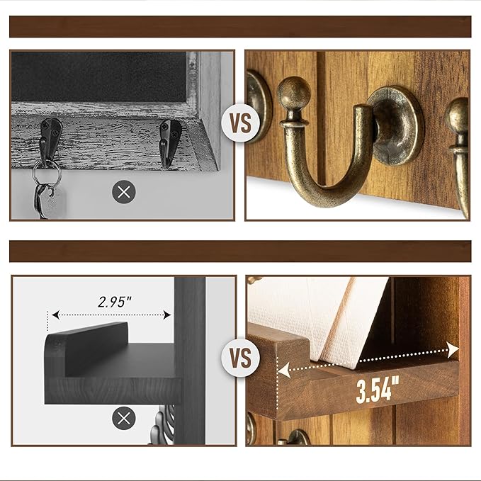 Rebee Vision Acacia Wood Key Holder Wall Mount – Farmhouse Key Holder for Wall & Mail Organizer with Shelf for Home Decor – I
