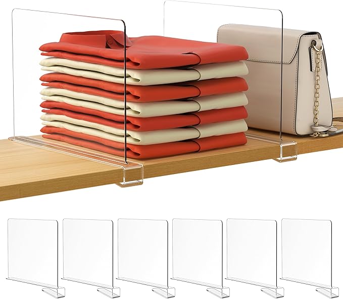 HBlife 6 Pack Closet Organizers and Storage, Clear Shelf Dividers, Vertical Purse Organizer for Closet Perfect for Sweater, S