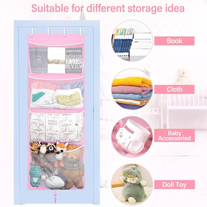 Woodoulogy Hanging Stuffed Animal Storage, Over Door Large Plush Toy Organizer with Metal Hook, Baby Accessory Holder Idea fo