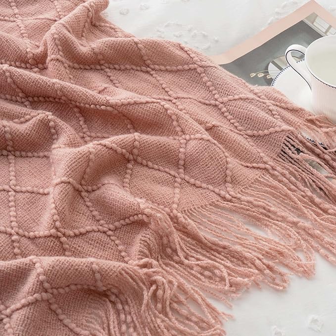 BATTILO HOME Blush Throw Blanket with Tassels, Pink Knit Blanket for Home Decor, Boho Style Textured Knitted Decorative Blank