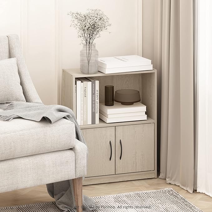 Furinno GRUEN Book Shelf, 2-Tier Small Bookshelf, Bookcase with Open Shelf and Doors Storage Cabinet, 9.3 x 21.8 x 27, for Or