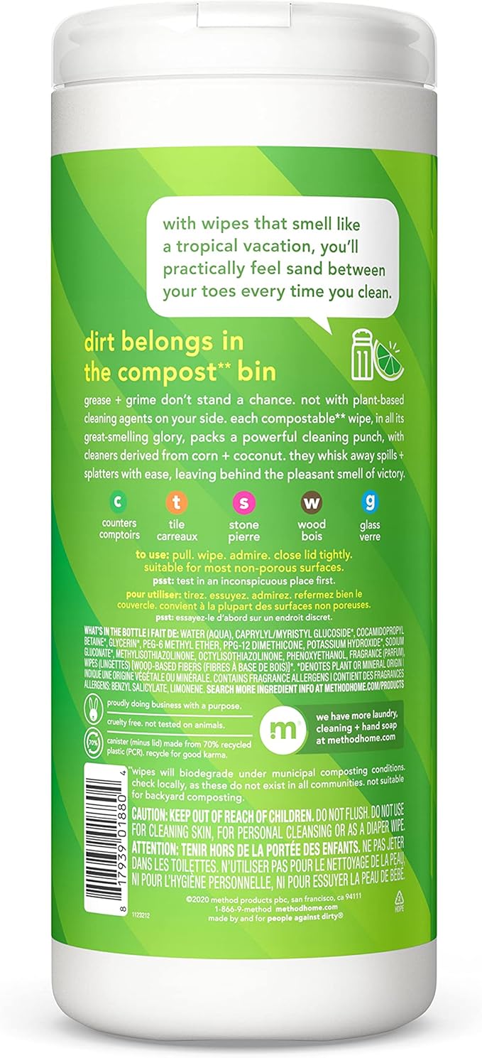 Method All-Purpose Cleaning Wipes, Lime+ Sea Salt, Multi-Surface, Compostable, 30 Count (Pack of 6)