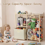LAMU Stuffed Animal Storage and Kids Bookshelf, Wooden Toy Organizer with Large Toy Box Chest, Kids Bin Shelf Toys Box Bookca