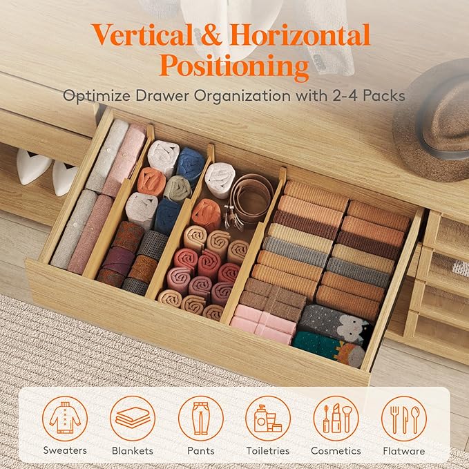 Lifewit 5" High 8 Pack Bamboo Drawer Dividers 33-42cm/13-16.5" Adjustable Wooden Drawer Organizer for Clothes/Utensils, Expan