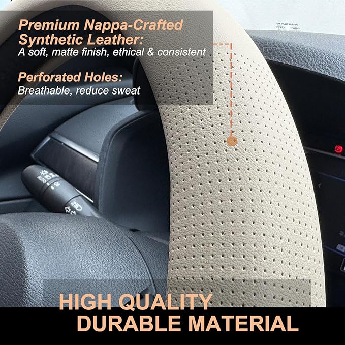 PINCTROT D Shaped Nappa Leather Steering Wheel Cover, Slim Fit No Bulk Design, One Piece Leather with Breathable Perforation,