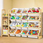 Kids Toy Storage Organizer with Bookshelf – Wooden Shelf with 16 Bins & 3 Shelves, Quick Assembly Storage Rack for Playroom, 
