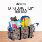 Extra Large Utility Tote Bag - Oversized Collapsible Reusable Wire Frame Rectangular Canvas Basket With Two Exterior Pockets For Beach, Pool, Laundry, Car Trunk, Storage - Leopard