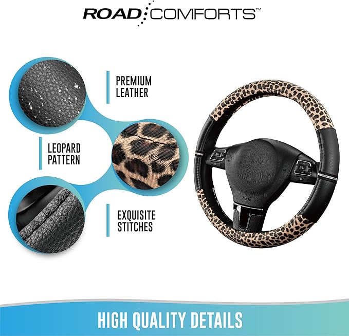 Road Comforts Leopard Steering Wheel Cover - Made with PVC Leather Cheetah Print - Anti-Slip, Universal Fit 14 1/2 inches to 