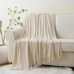 BATTILO HOME Beige Throw Blanket for Couch, Soft Chenille Knit Throws with Tassels for Home Decor, White Cream Throws for Bed