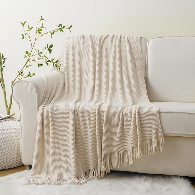 BATTILO HOME Beige Throw Blanket for Couch, Soft Chenille Knit Throws with Tassels for Home Decor, White Cream Throws for Bed